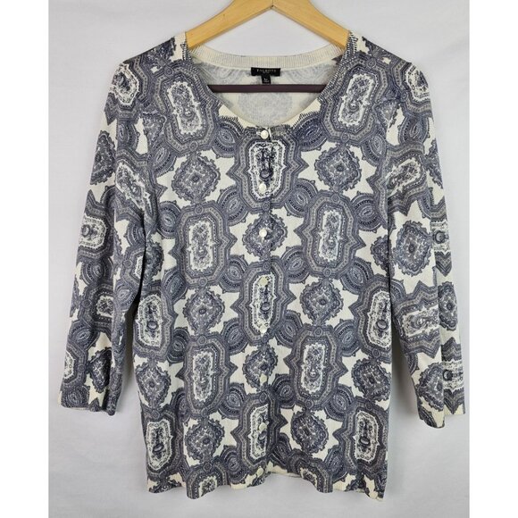 Talbots Women's Cardigan Sweater Petite Size LP Gray Paisley 3/4 Sleeve Knit Top - Picture 1 of 11